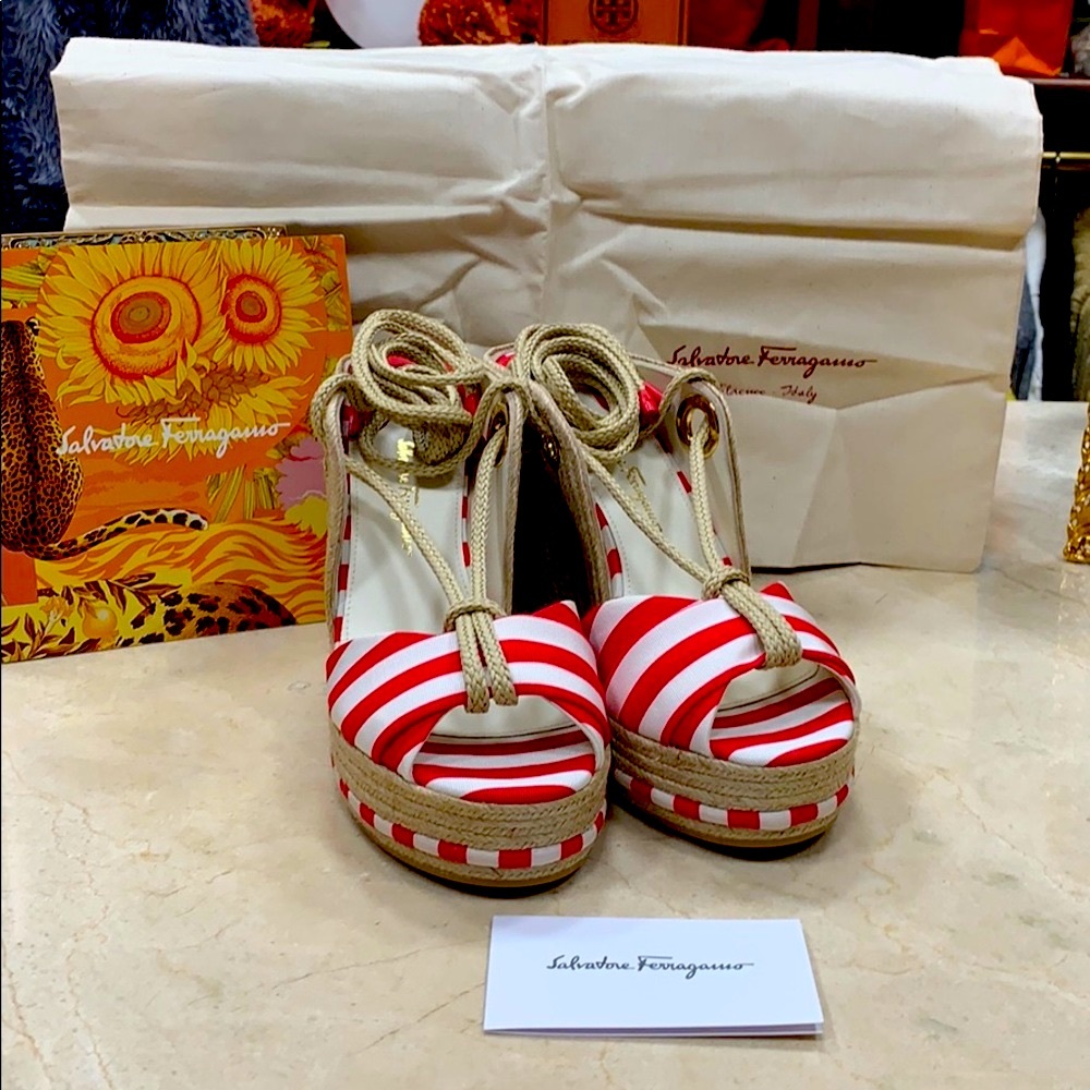 SALVATORE FERRAGAMO RED WHITE STRIPED FABRIC JUTE ESPADRILLES W/CALF LEATHER 8.5 - Picture 4 of 14